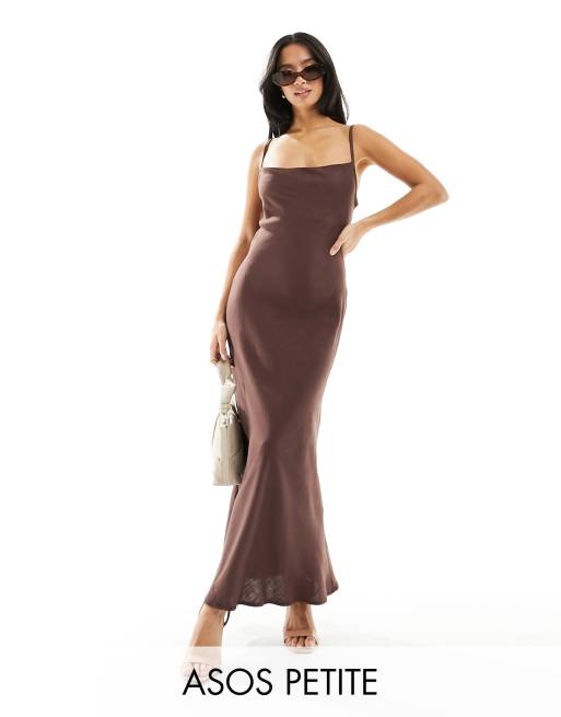 ASOS DESIGN Petite linen cowl detail maxi slip sundress with draped back  detail in chocolate