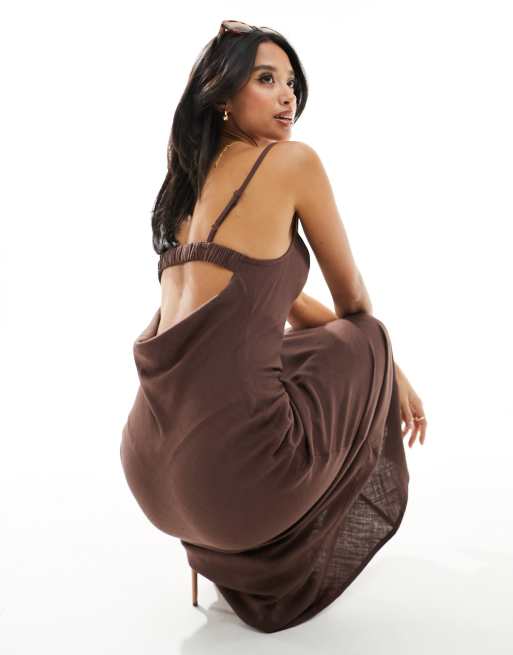 ASOS DESIGN Petite linen cowl detail maxi slip sundress with draped back  detail in chocolate