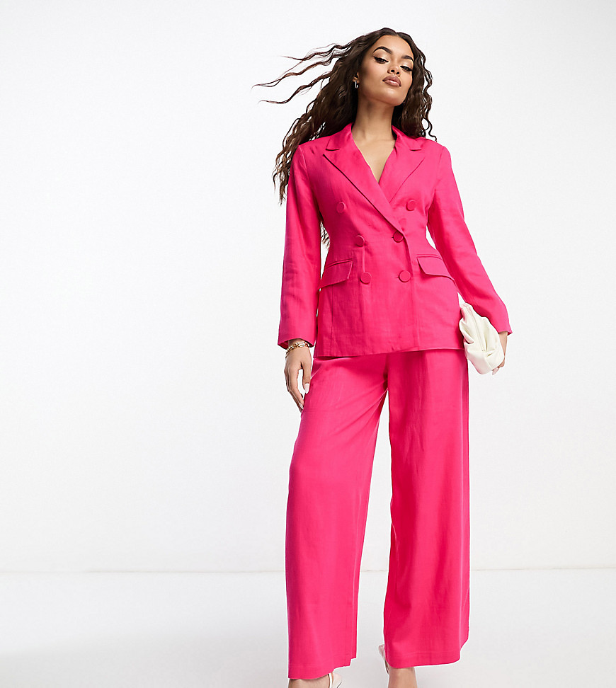 Asos Petite Asos Design Petite Linen Double Breasted Suit Blazer In Hot Pink