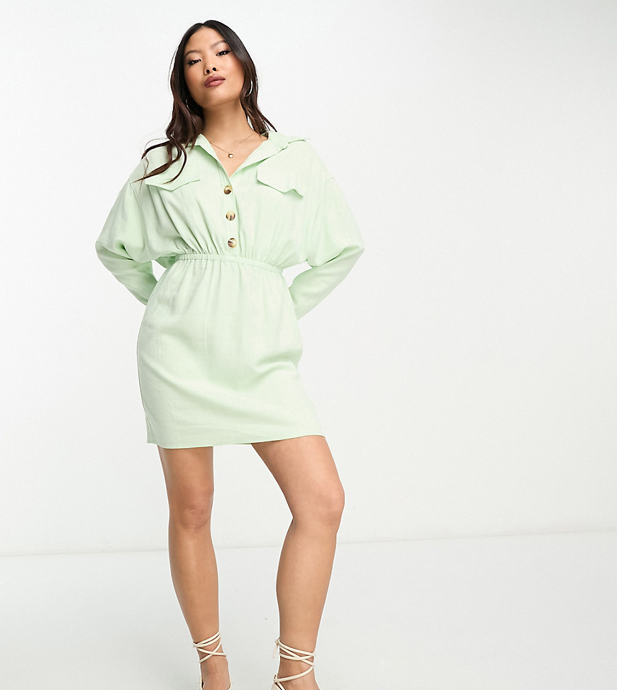 Asos Petite Asos Design Petite Linen Drop Shoulder Shirt Dress With Asymmetric Skirt In Pale Green