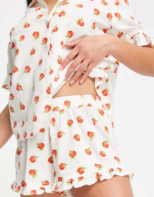 ASOS DESIGN Petite linen floral shirt & short with frill pyjama set in  cream & red