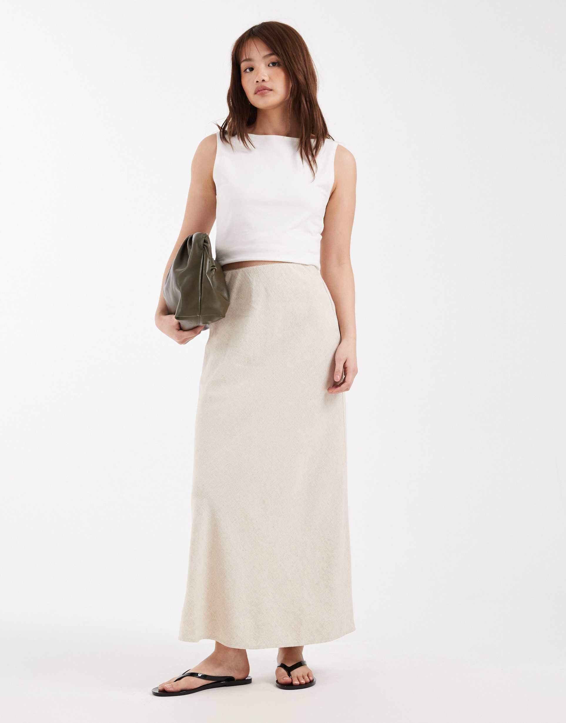 asos design petite linen look bias cut midaxi skirt in stone