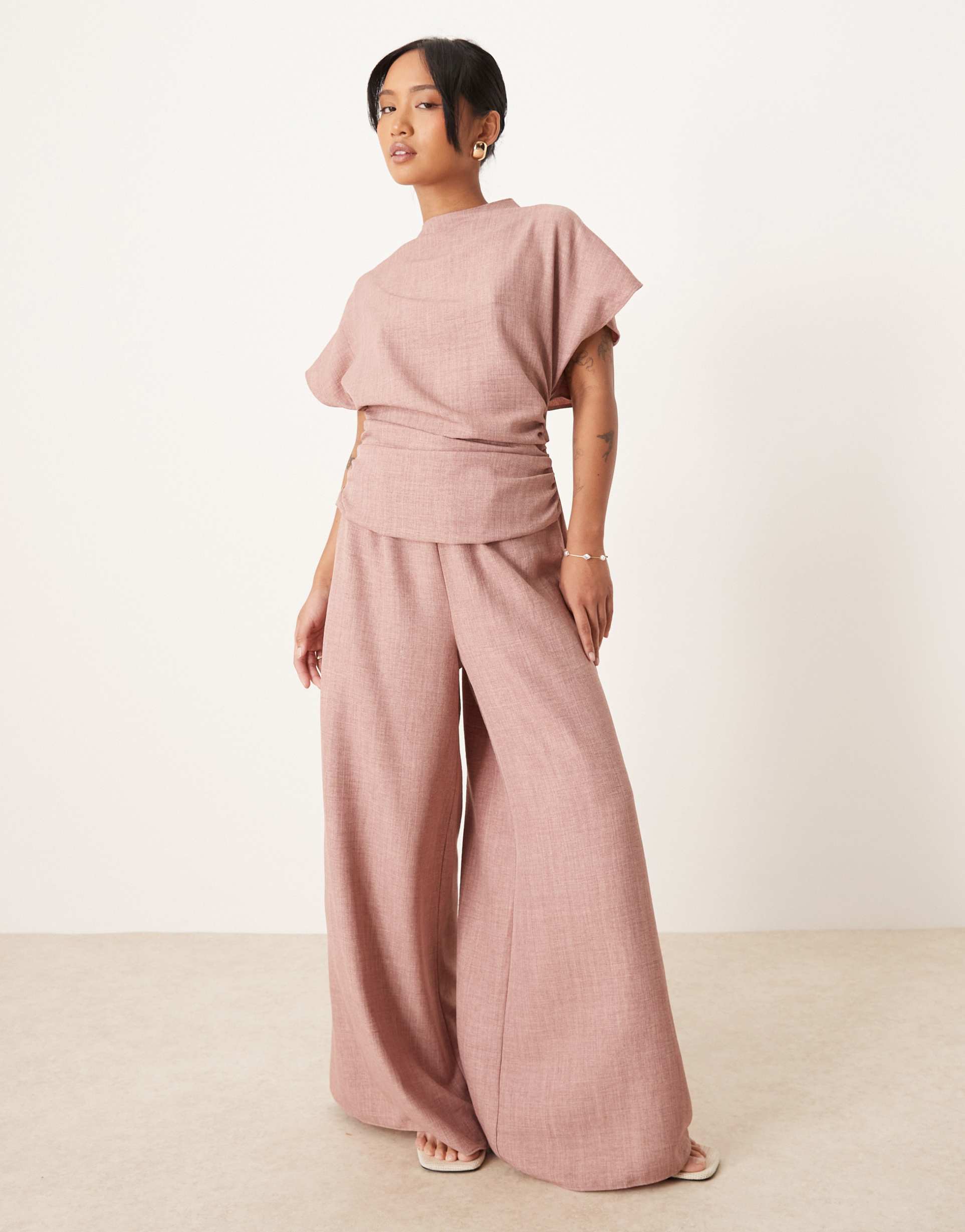 asos design petite linen-look open back and ruched detail jumpsuit in blush
