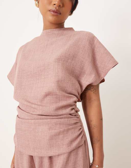 ASOS DESIGN Petite linen look open back and ruched detail jumpsuit in blush, 3 of 4