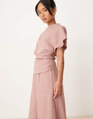 ASOS DESIGN Petite linen-look open back and ruched detail jumpsuit in blush