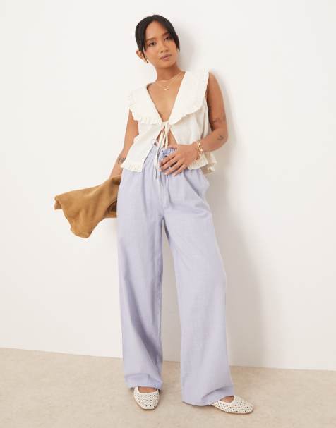 ASOS DESIGN Petite linen look pull on pants in blue - view 1