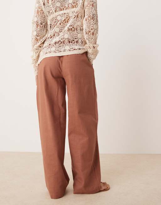 ASOS DESIGN Petite linen look pull on pants in mocha, 4 of 5