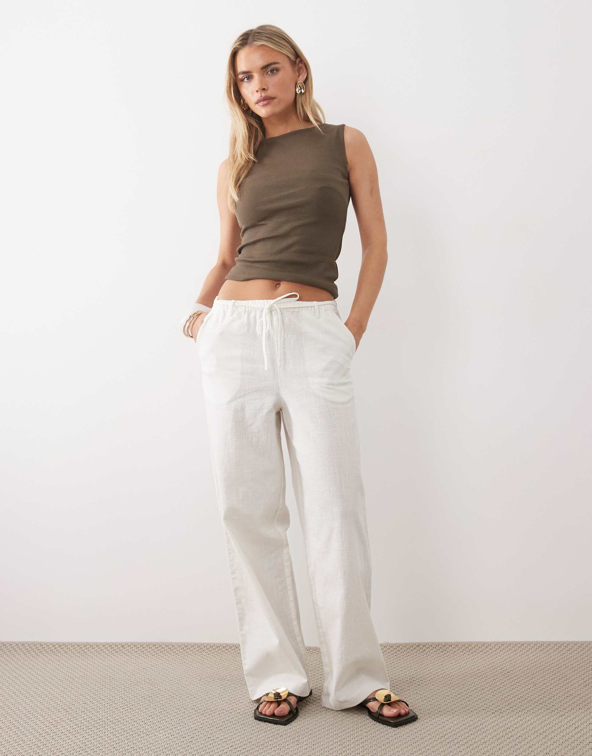 asos design petite linen look pull on pants in off white