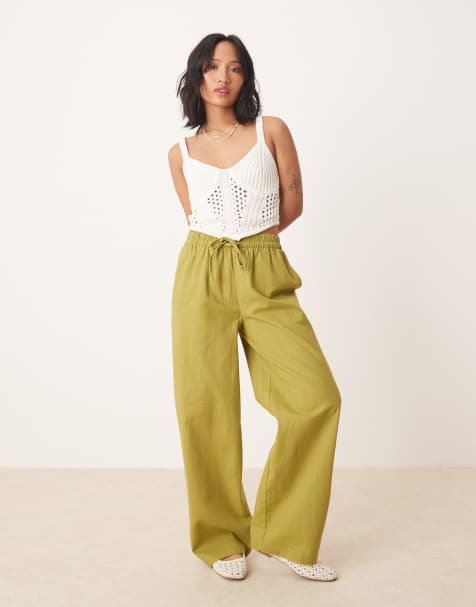 ASOS DESIGN Petite linen look pull on pants in olive green - view 1