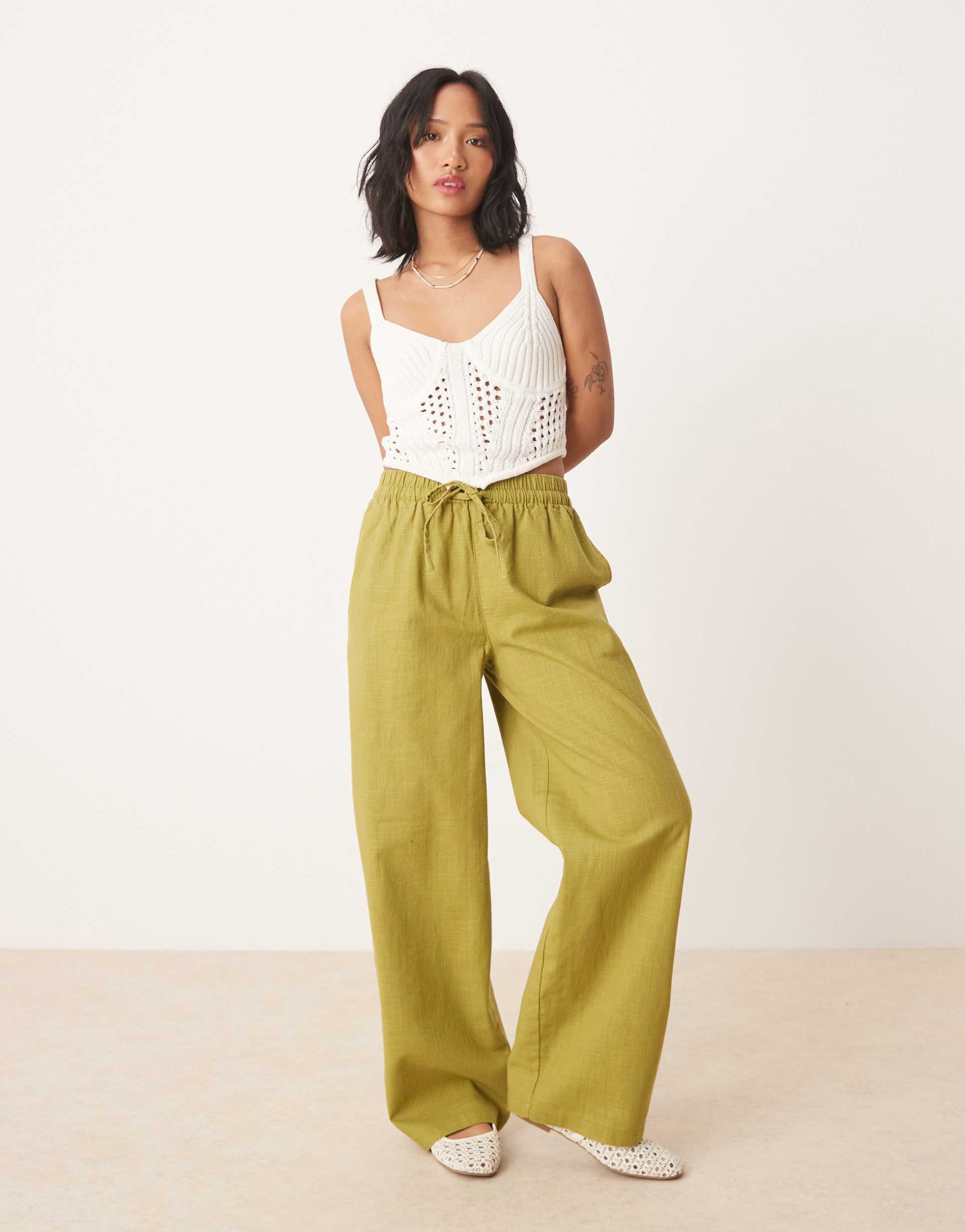 asos design petite linen look pull on pants in olive green