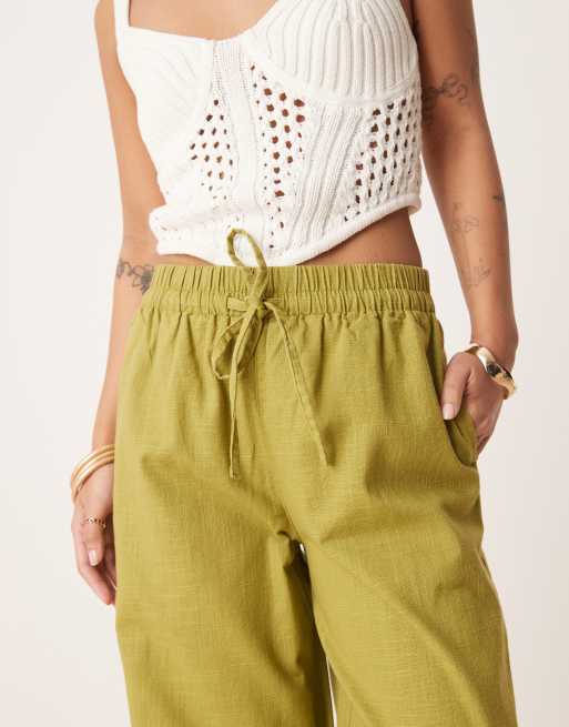 ASOS DESIGN Petite linen look pull on pants in olive green