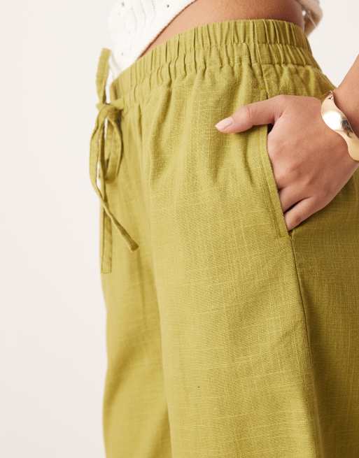 ASOS DESIGN Petite linen look pull on pants in olive green