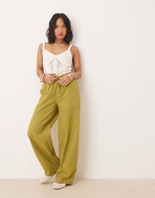 ASOS DESIGN Petite linen look pull on pants in olive green