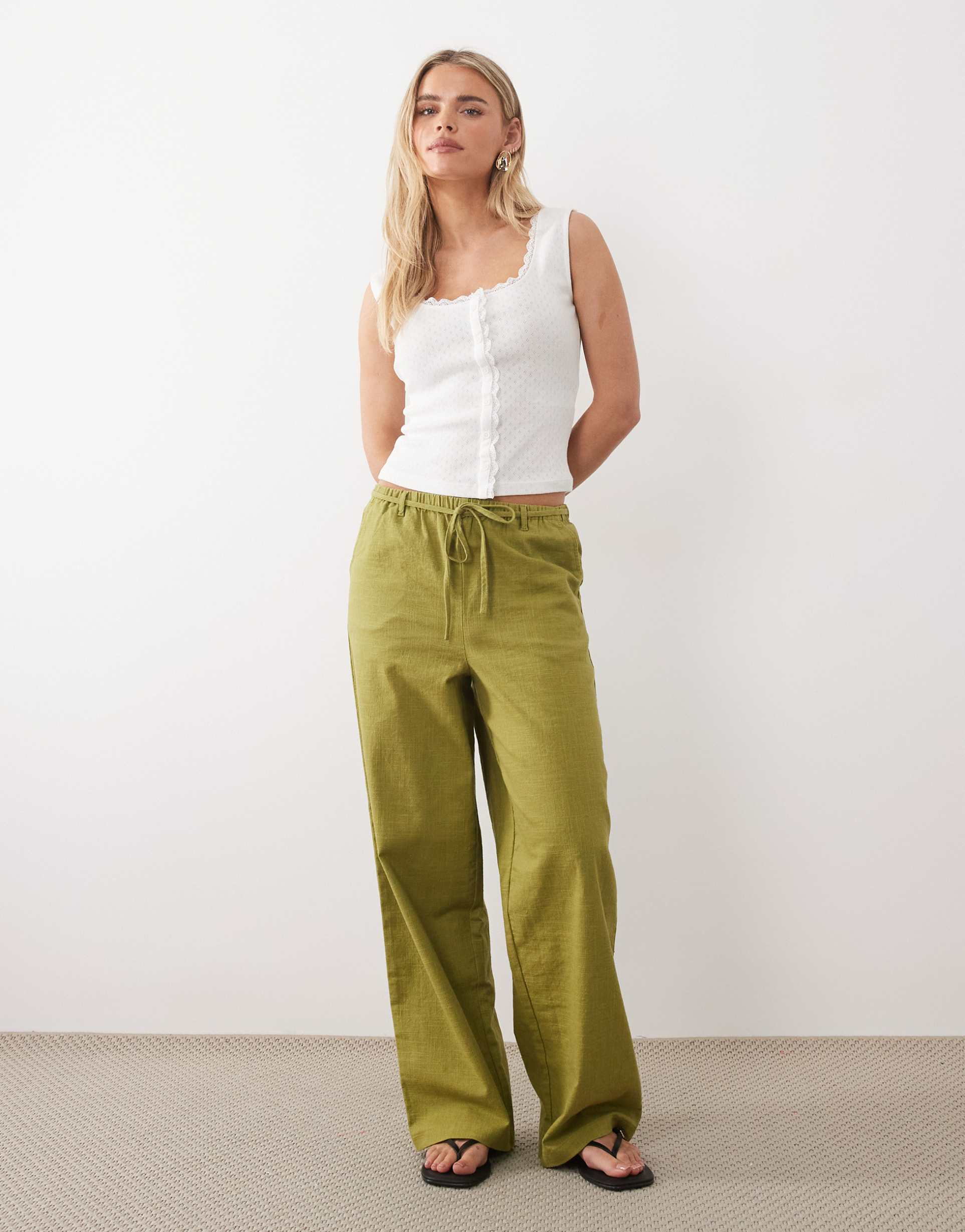 asos design petite linen look pull on pants in olive green