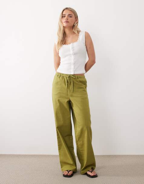 ASOS DESIGN Petite linen look pull on trousers in olive - view 1