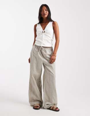 linen look tie waist pull on pants in taupe stripes