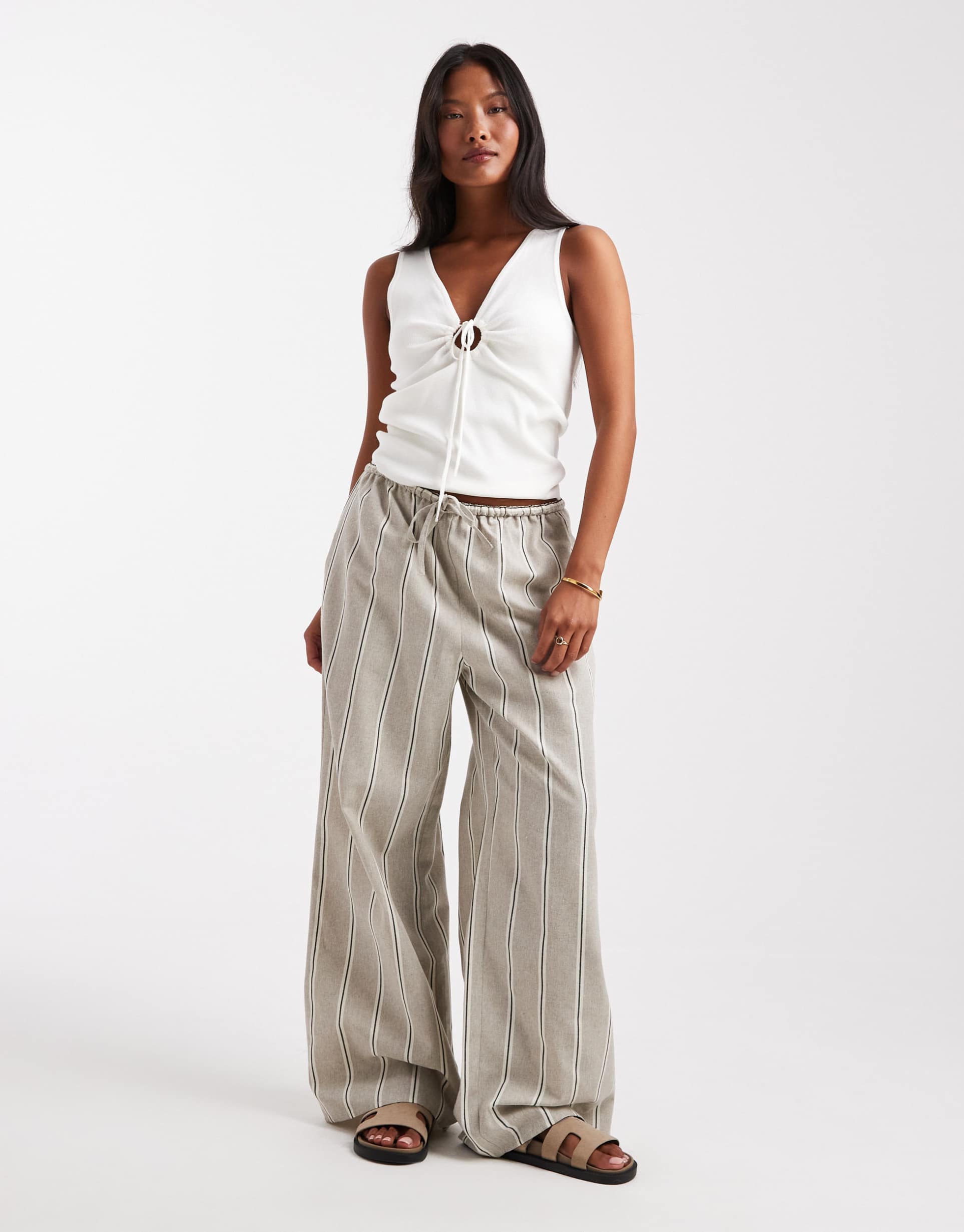 asos design petite linen look tie waist pull on pants in taupe stripes