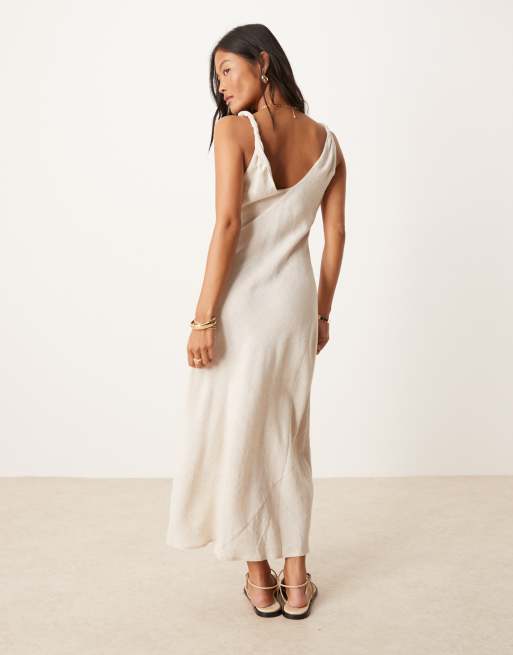 ASOS DESIGN Petite linen look twist strap bias maxi dress in oatmeal