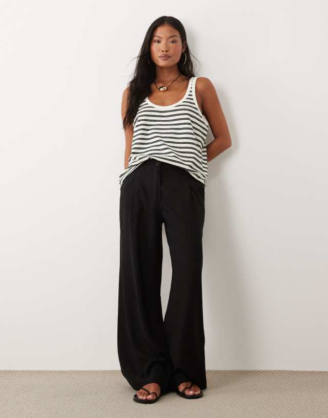 ASOS DESIGN Petite linen look wide leg pants with pleated detailing in black