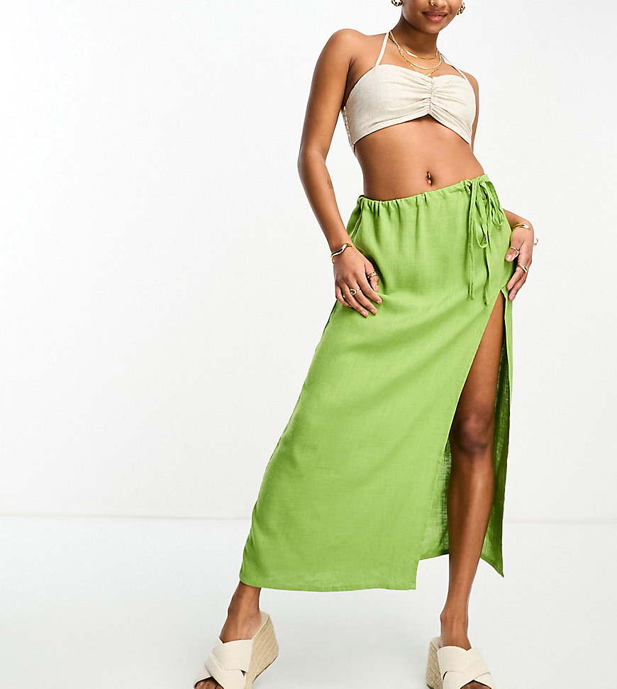 ASOS Petite ASOS DESIGN Petite linen maxi skirt with high split in green