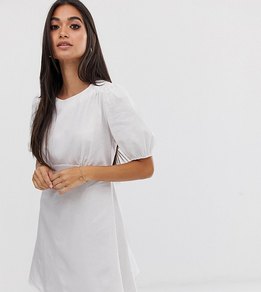 ASOS DESIGN Petite linen mini dress with puff sleeves-White