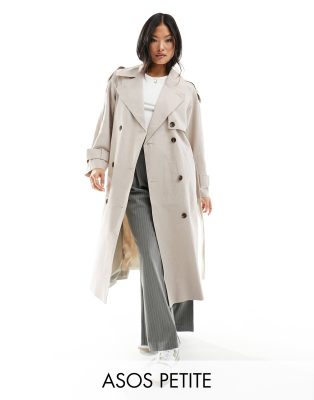 ASOS Petite ASOS DESIGN Petite linen mix trench coat in stone-Neutral
