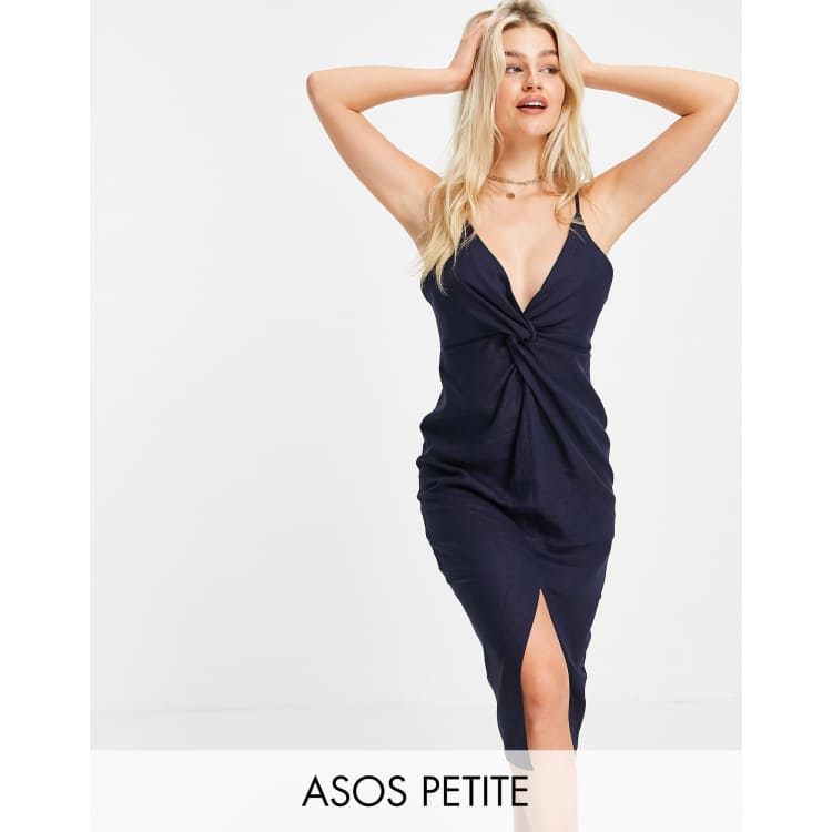 ASOS DESIGN Petite linen plunge knot front cami midi dress