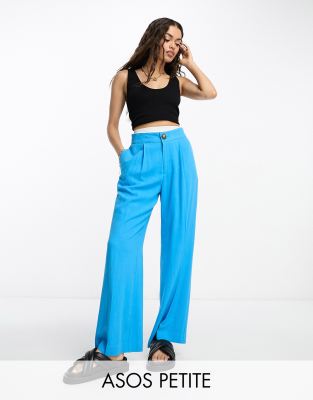 ASOS Petite ASOS DESIGN Petite linen relaxed pants in turquoise-Blue