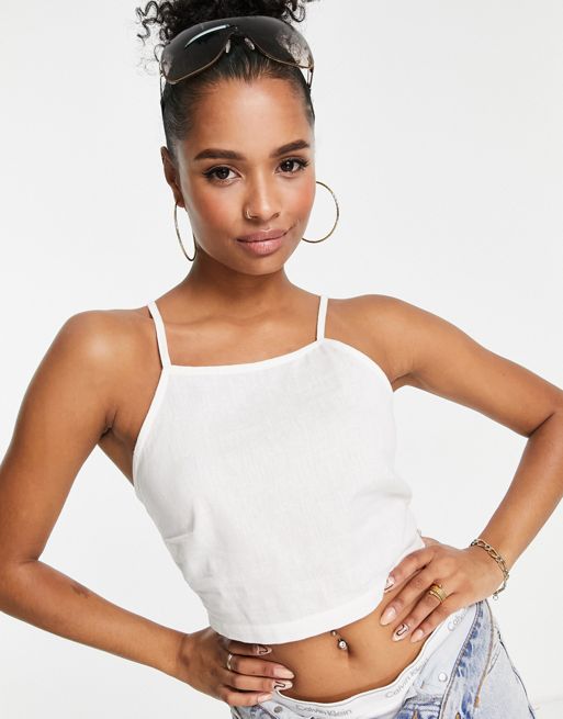 ASOS DESIGN square neck linen cropped sun top with tie back in ivory