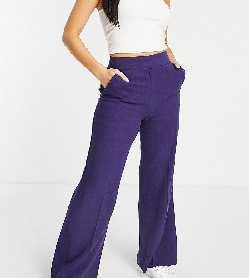 ASOS DESIGN Petite linen wide leg relaxed flare trouser in purple-Navy