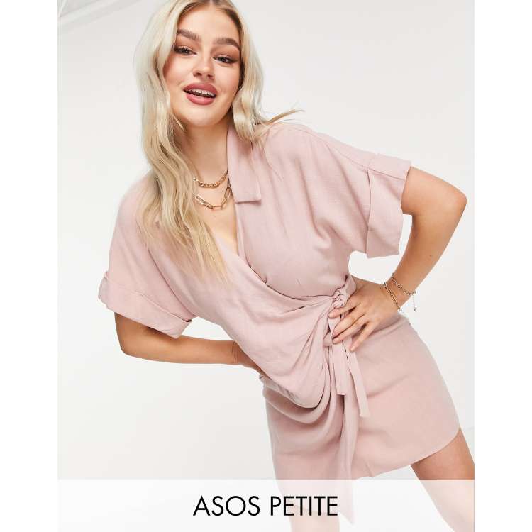 asos pink linen dress ASOS DESIGN Petite linen wrap mini dress in washed pink