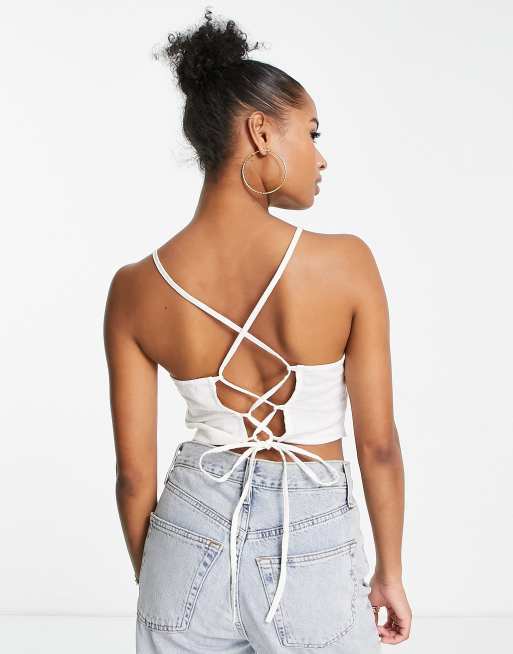 ASOS DESIGN Petite - Linnen zonnetop met vierkante hals en veters achter in wit, 2 van 4