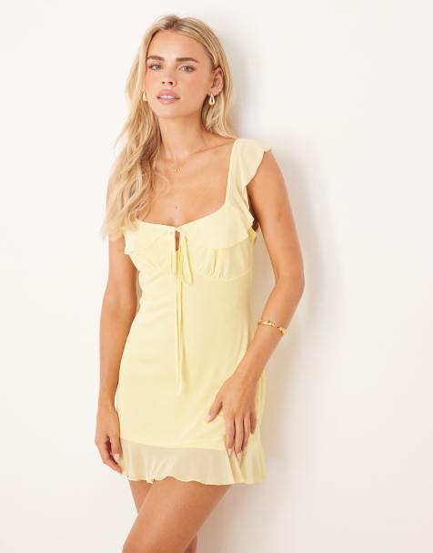 ASOS DESIGN Petite – Ljusgul, minilång tea-klänning i mesh med dubbla volanger - view 1