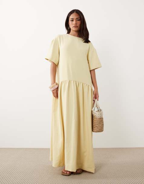 ASOS DESIGN Petite – Ljusgul t-shirtklänning i midilängd med sänkt midja - view 1
