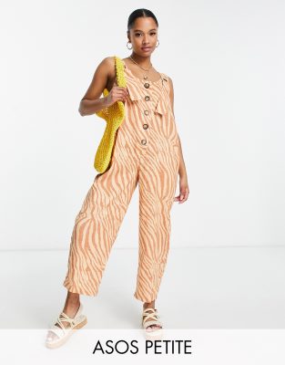 ASOS DESIGN Petite – Lniany kombinezon na szelkach zapinanych na guziki w zwierzęcy wzór