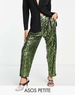 ASOS DESIGN Petite - Locker geschnittene Paillettenhose in Khaki-Grün