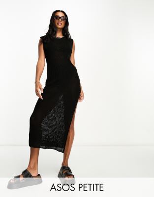 ASOS DESIGN Petite - Locker geschnittenes Midi-Strickkleid in Schwarz mit Rippenstruktur