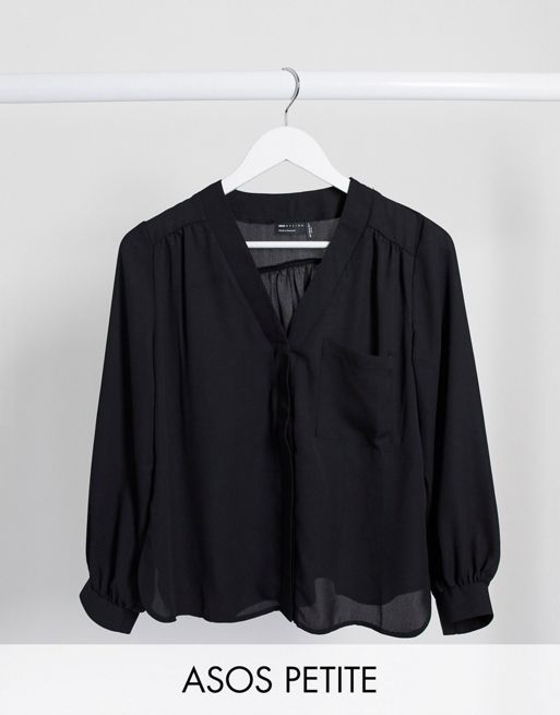 ASOS DESIGN long sleeve blouse with pocket detail in Black
