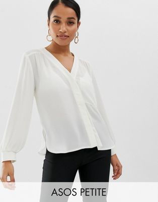 ASOS DESIGN Petite long sleeve blouse with pocket detail-White