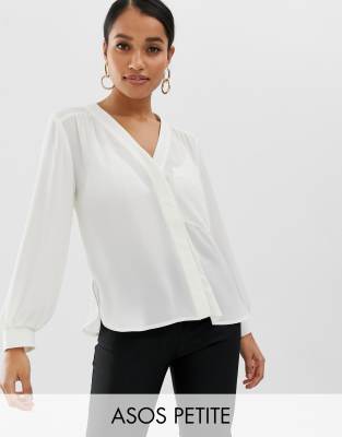 ASOS DESIGN Petite long sleeve blouse with pocket detail-White