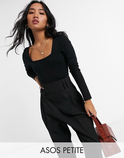 ASOS DESIGN Petite long sleeve bodysuit with square front in black