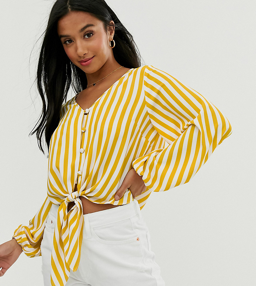 ASOS DESIGN Petite long sleeve button front top with tie detail in stripe-Multi