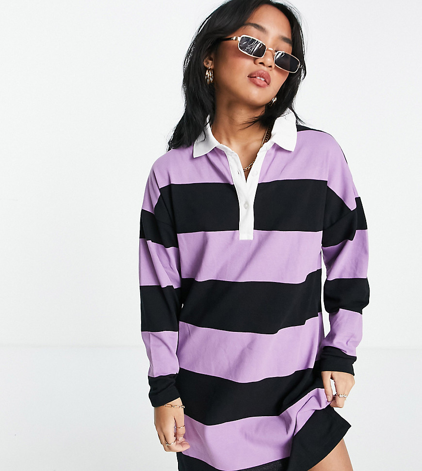 ASOS DESIGN Petite long sleeve collared shirt mini dress in black and lilac stripe-Purple