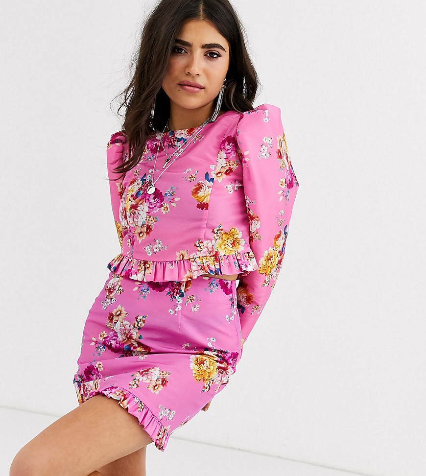 ASOS DESIGN Petite long sleeve cropped top with frill detail in pink floral print co-ord-Multi