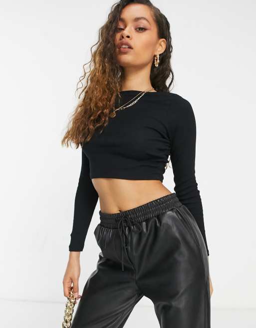 ASOS DESIGN Petite long sleeve fitted crop top with ruched sides in black