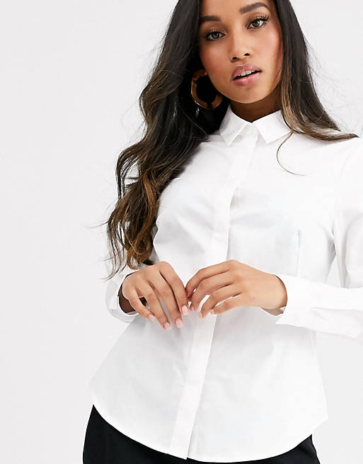 Women Shirts & Blouses/Petite long sleeve fitted shirt in stretch cotton in white 