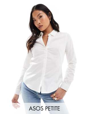 Shop Asos Design Petite Long Sleeve Fitted Shirt In White