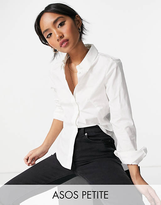 Tops Shirts & Blouses/Petite long sleeve fitted shirt in stretch cotton in white 
