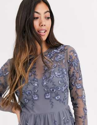asos design long sleeve maxi dress in embroidered mesh