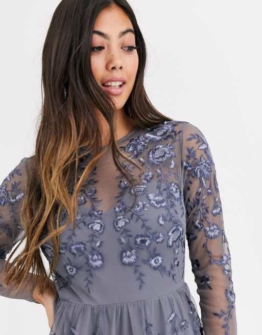 Asos Design Petite Long Sleeve Maxi Dress In Embroidered Mesh